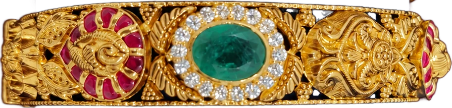 MSJ temple bangle with an oval emerald, diamond halo and rubies